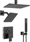 Black Shower System, Matte Black Shower Faucet Set with 3 In 1 Push Button Shower Diverter Valve, 10'' Ceiling Shower Head and 6'' Wall Mounted Shower Head, Black Rain Shower Head with Handheld Spray