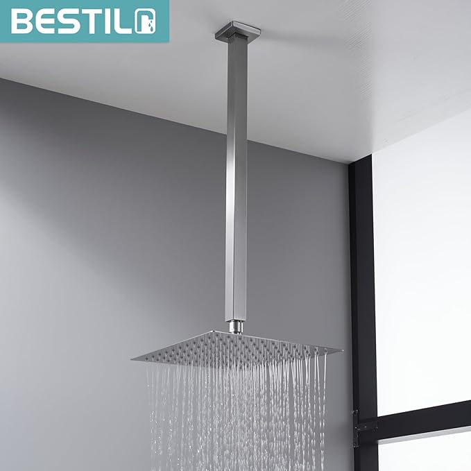 BESTILL 20 Inch Brushed Nickel Ceiling Mount Shower Arm and Flange, Square Rain Shower Arm