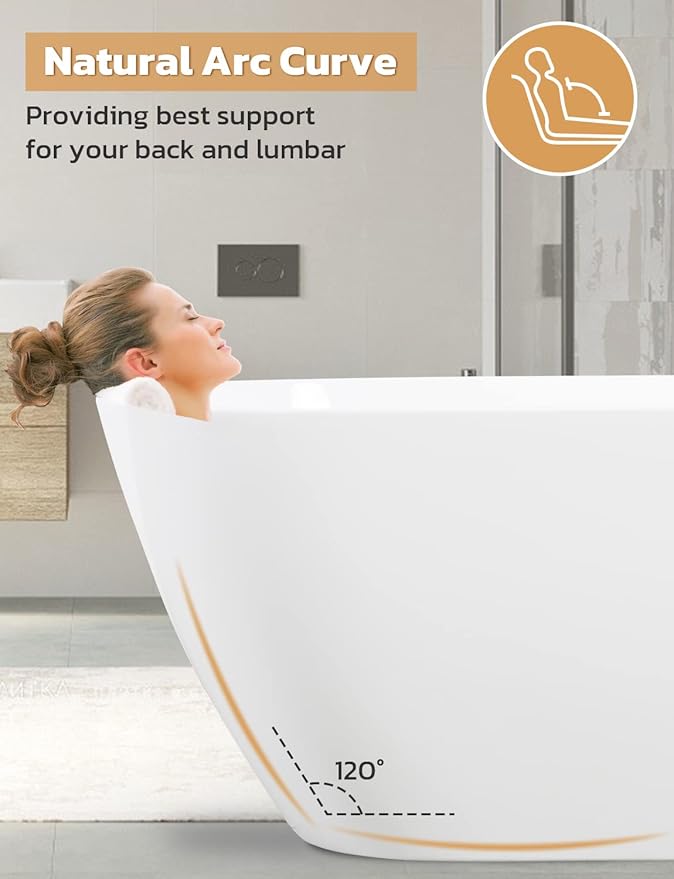 Acrylic Bathtub 59 Inch, Freestanding Deep Soaking Bath Tub with Brushed Overflow and Drain, Contemporary Gloss White Freestanding Bathtub