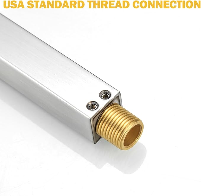 BESy 14 Inches Straight Extended Shower Arm With Flange, Rain Shower Head Extension Arms, Square Shower Rod Shower Head Extender Arm Shower Pipe Extension, Wall-Mounted Brushed Nickel Stainless Steel