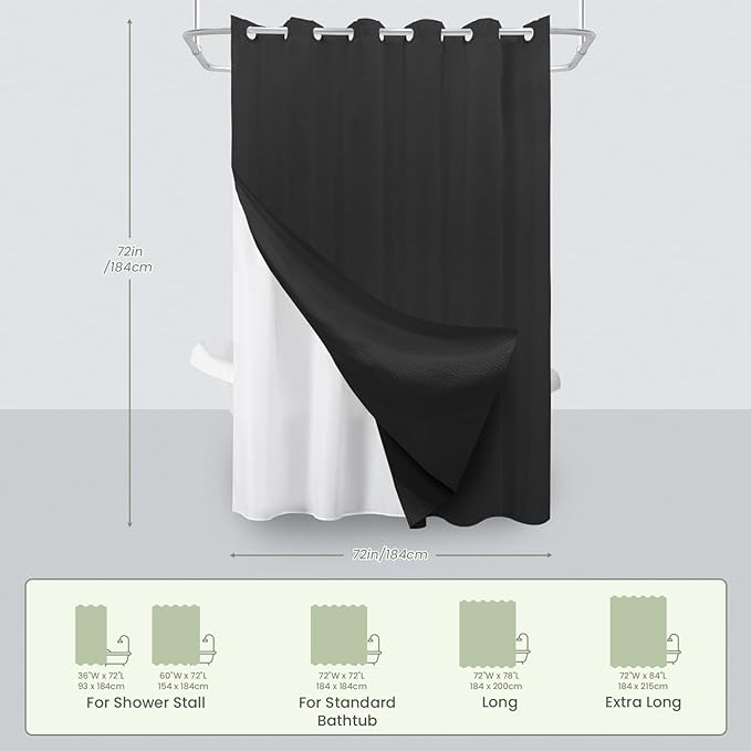 Inhousolu No Hook Waffle Weave Shower Curtain with Removable Snap in Fabric Liner Set for Bathroom, 230 GSM Heavy Duty Weighted Hem, Water Repellent Washable Bath Curtains, 72 x 72 Inch, Black
