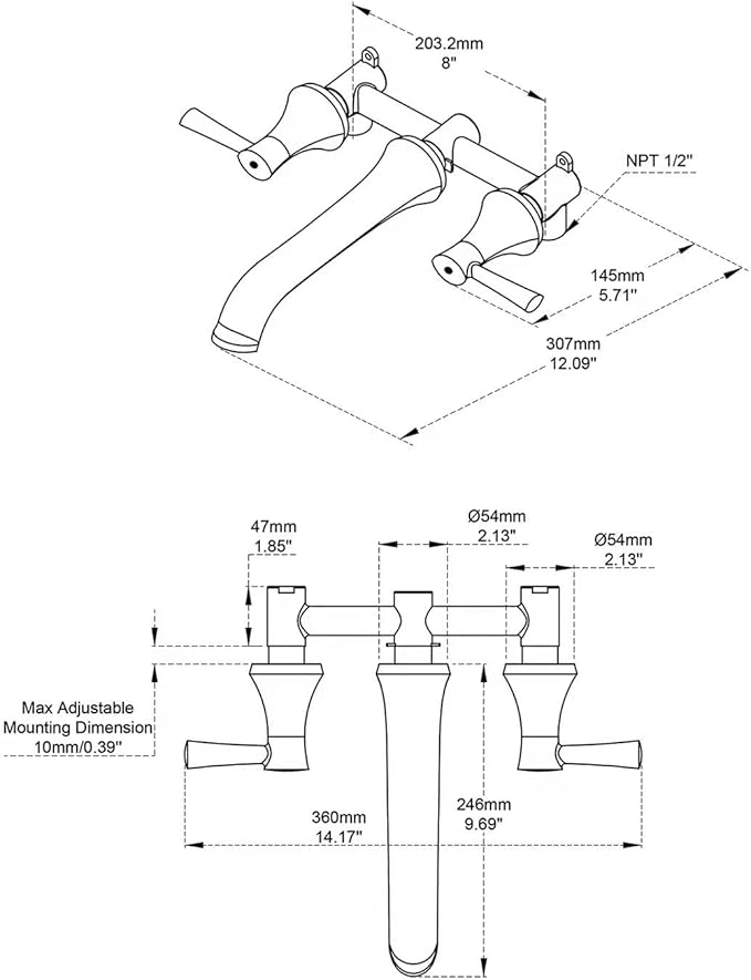 Wall Mount Tub Filler Brass Tub Faucet Oil Rubbed Bronze Bathroom Bathtub Faucets with 2 Handles