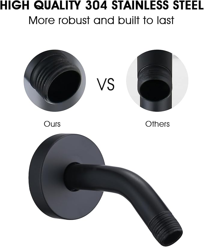 6 Inch Shower Arm with Flange and Stabilizer Bracket, Wall Mounted Shower Pipe Arm 304 Stainless Steel For Fixed Shower Head & Handheld Showerhead, Matte Black