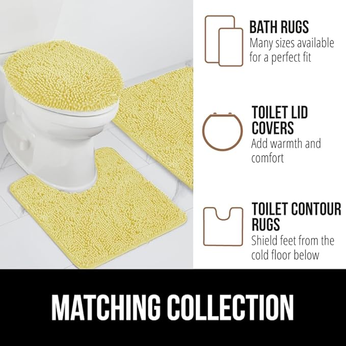 GORILLA GRIP Plush Absorbent Shaggy Chenille Bath Rug Mat for Oval Toilet Base with Rubber Backing, Machine Washable Rugs, Soft Microfiber Contour Mats for Toilets, Bathroom Decor, Yellow