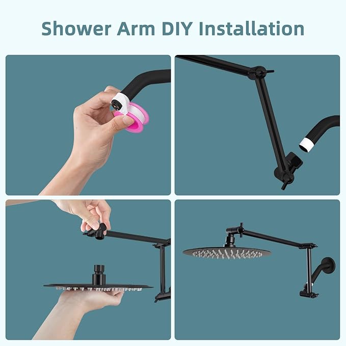 iFealClear All Metal 16" Shower Head Extension Arm, Solid Brass Shower Head Extender Adjustable Height Angle, G1/2 Universal Connection Stainless Steel Rain Showerhead Pipe with Lock Joint, MatteBlack