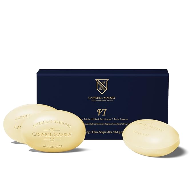 Caswell-Massey Men’s Bar Soap Gift Set - Number Six Scent - Triple-Milled Moisturizing Body Soap Bars for All Skin Types, Plant-Based Formula with Essential Oils, Made in USA, 3 x 5.8 oz