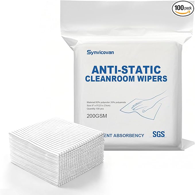 Anti-Static Microfiber Wipes 9"x9"(100 Pcs,Class 100, 200GSM) Lint Free Cloths Reusable Special ESD protection design is suitable for protecting sensitive electronic components and tools