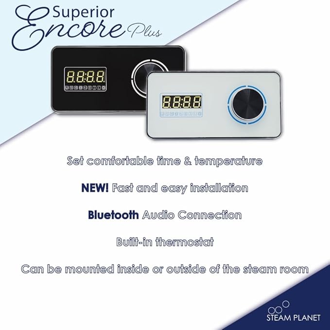 Superior Encore Plus 12kW Steam Shower Generator Kit with Horizontal White Keypad & Aromatherapy Oils Set |Self-Draining Steam Generator|One-click Connection Cord|Bluetooth Audio|