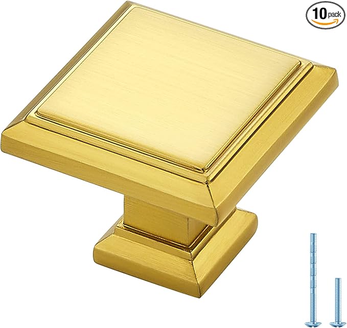 Ravinte Hardware 10 Pack Kitchen Cabinet Pulls Square Drawer Single Hole Handles Brushed Brass for Cupboard Gold Dresser Solid