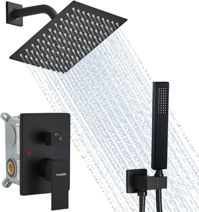Matte Black Shower System, 8 Inch High Pressure Rain Shower with Handheld, Wall Mount Shower Faucet Set for Bathroom, Rough-in Valve Body and Trim Included