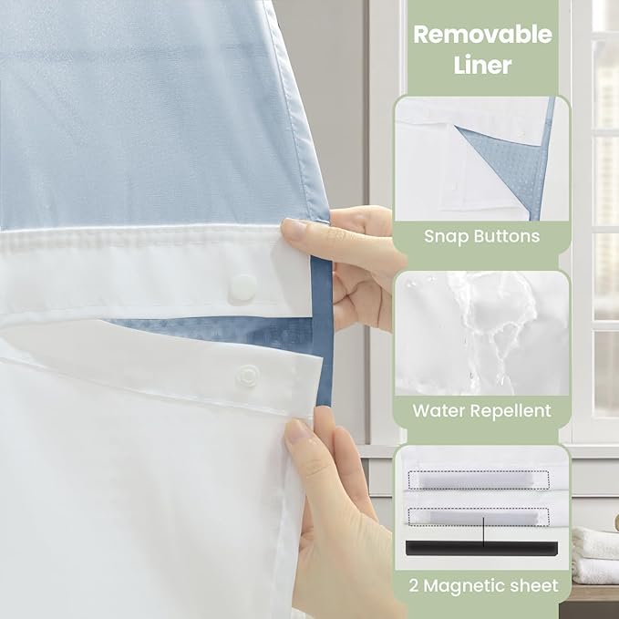 Inhousolu Extra Long No Hook Shower Curtain with Snap in Fabric Liner Set Waffle Weave 230GSM Weighted Hem, Waterproof & Washable Bathroom Curtain Spa Luxury with Mesh Top Window 72"W x 84"L Fog Blue