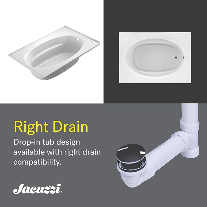 Jacuzzi SIGNATURE Acrylic Drop-In Bathtub, Heated Jet Massage Tub, Slip Resistant, Right Drain Placement, 72" (L) x 42" (W), Oval In Rectangle, Oyster