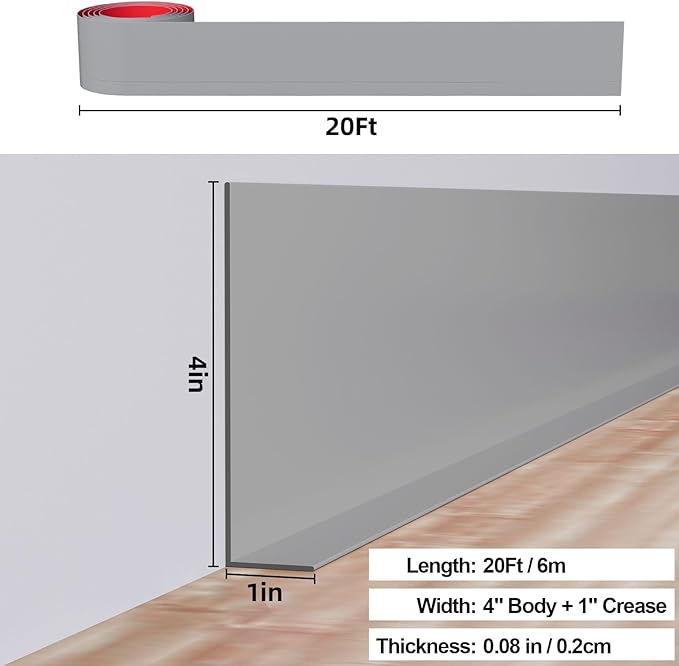 Duzzy Flexible Baseboard Molding Trim, 5 Inch(W) x 20 Feet(L) Peel and Stick Rubber Wall Trim Molding, Self-Adhesive Vinyl Wall Base Cove Base (Grey)