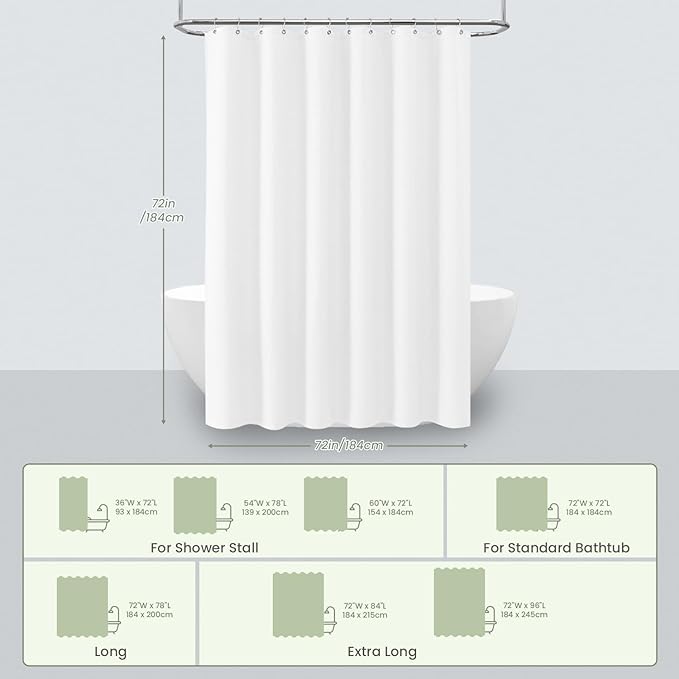 Inhousolu Fabric Shower Curtain Waffle Weave, 230 GSM Heavy Duty, Weighted Hem, 14 Metal Hooks, Water Repellent, Machine Washable, Hotel Spa Luxury Bath Curtain Set, 72 x 72 Inch, White