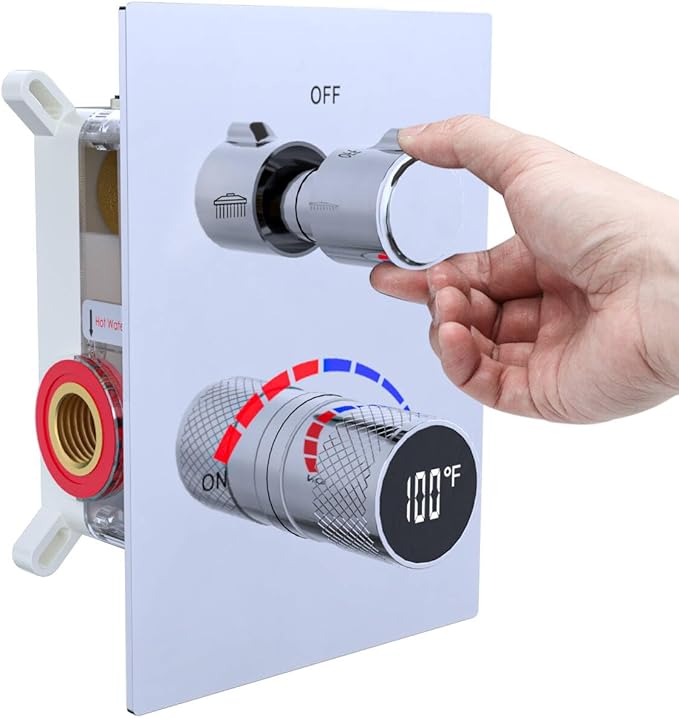Temperature Display 2 Way Shower Valve Brass Rough-in and Rectangle Trim Kit, Dual Function Digital Shower Mixer Valve, Chrome