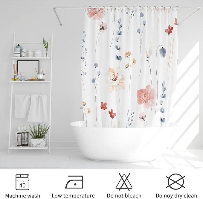 Gibelle Watercolor Floral Shower Curtain, Coral Beige Flower Shower Curtain for Bathroom, Modern Minimalist White Waterproof Fabric Shower Curtain Set 72x72 Inch
