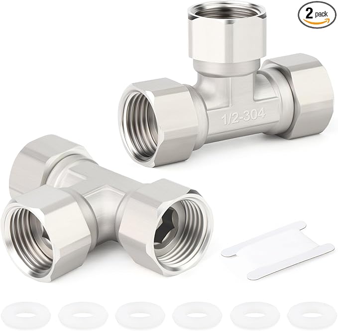 TAISHER 2PCS 304 Stainless Steel 3 Way 3 Ends Flexible Movable Tee Connector, 1/2" for Sprayer, Angled Valve, Shower Arm