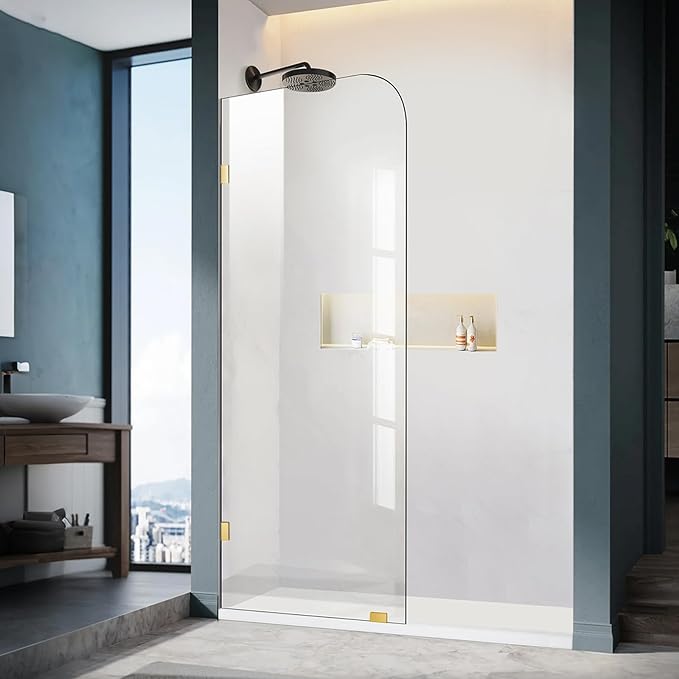 Frameless Shower Door, 26" W ×78" H Fixed Shower Glass Panel with Clamps, 3/8" (10mm) Glass Shower Doors, Clear Tempered Bathroom Shower Panel in Brushed Gold