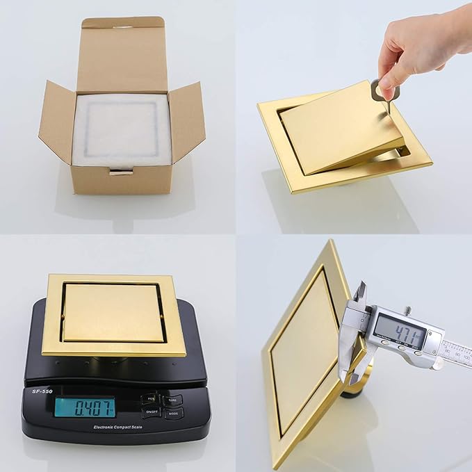 RANDOM Brushed Gold Shower Drain Square 6 inch SUS304 Stainless Steel Shower Floor Drain with Hair Strainer Tile Insert Shower Drain Cover