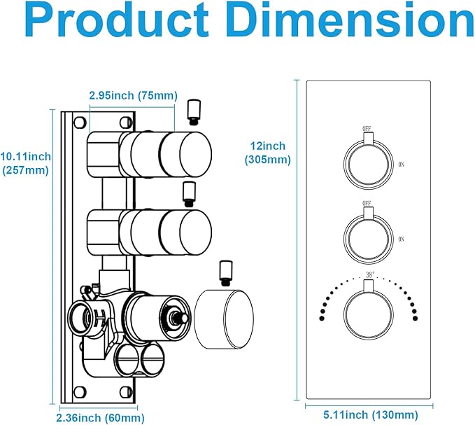 2 Way Shower Diverter Valve Brass 2 Functions Thermostatic Shower Mixing Valve Kit 3 Handle Flow Control Valve, 3/4 Inch Inlet, Can Run Simultaneously(Chrome)