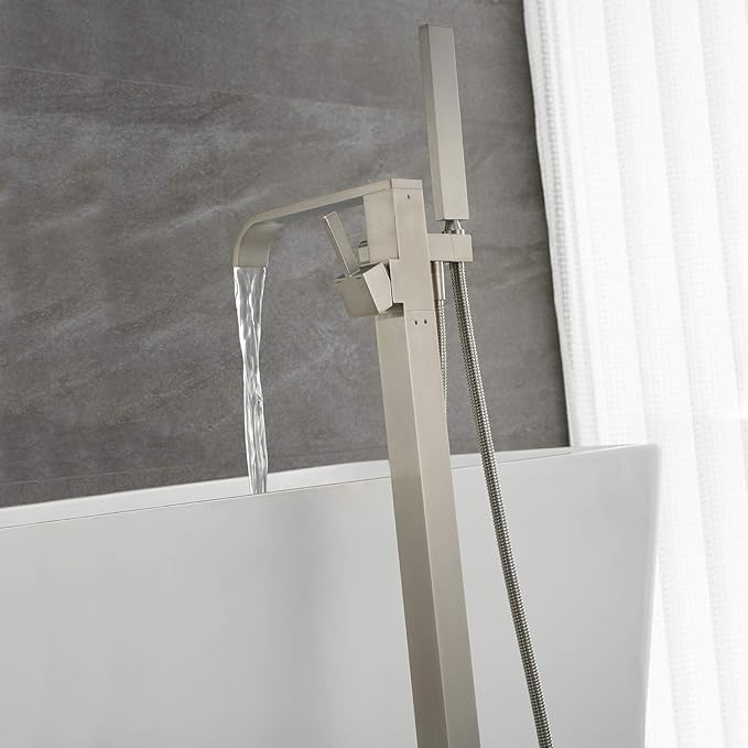 Freestanding Bathtub Faucet Tub Filler Brushed Nickel Floor Mount Faucets Brass Single Handle with Hand Shower