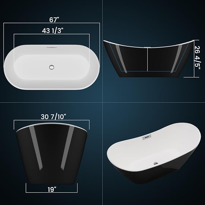 67 Inch Freestanding Bathtubs – Acrylic Free Standing Tub with Modern Black and White Design, Stand Alone Tub for Large Bathroom or Renovation, Ergonomic Soaking Tub for Deep Relaxation
