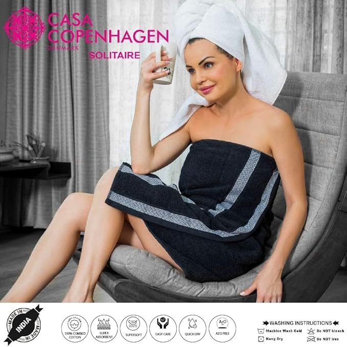 CASA COPENHAGEN Solitaire Mix 6 Pieces Towel Set- Navy Blue + Grey Violet, 600 GSM 2Bath Towel 2Hand Towel 2Washcloth, Designed in Denmark Made of Soft Egyptian Cotton for Bathroom, Kitchen & Shower