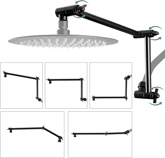 iFealClear All Metal 16" Shower Head Extension Arm, Solid Brass Shower Head Extender Adjustable Height Angle, G1/2 Universal Connection Stainless Steel Rain Shower Pipe, Lock Joint, Oil Rubbed Bronze