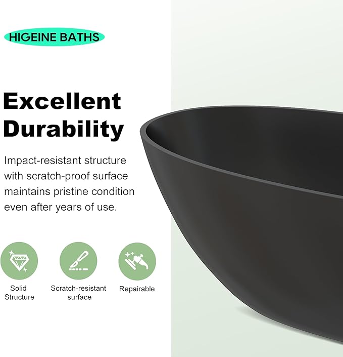 69" Premium Solid Surface Freestanding Bathtub, Upgraded Stone Resin Tub with Overflow and Pop-up Drain, Matte Black