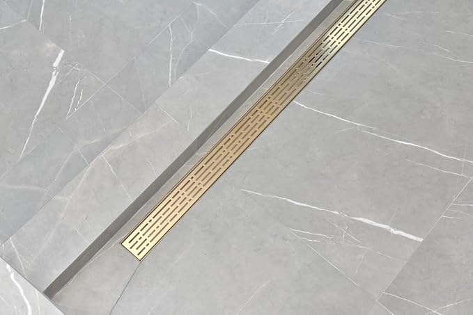 SereneDrains 304 Stainless Steel 24 Inch Brushed Gold Shower Drain Kit Broken Lane Brass Linear Shower Drains Long Hair Catcher Strainer Grate Cover Bathroom Floor (Matte Gold, 24 Inch)
