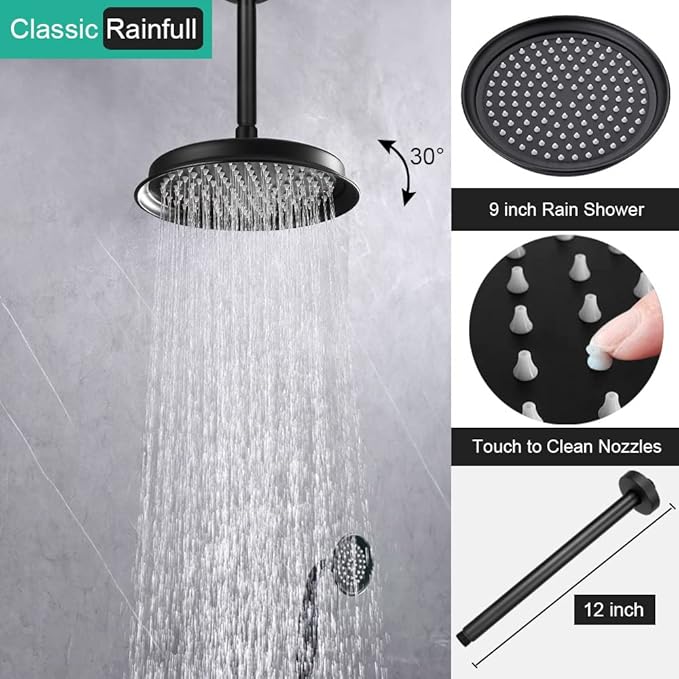 Dual Antique Shower Head System with Tub Spout: 9" Ceiling Mounted Rain & 6" Wall Mount Rainfall, Handheld Spray Vintage Faucet Set, 4 Way Diverter Brass Valve with Trim Kit, Matte Black
