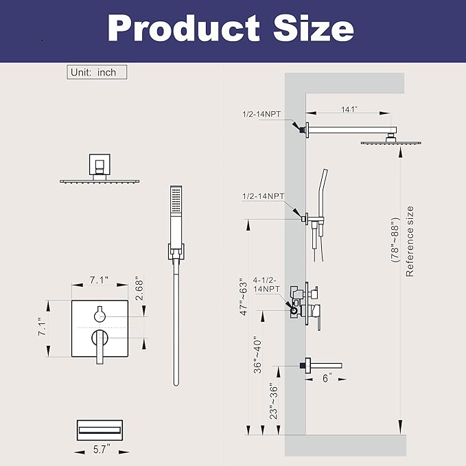 Shower System with Tub Spout, All Metal Black Bathtub Shower Faucet Set with High Pressure 10 Inch Rain Shower Head and Handheld Shower Head Set, Matte Black (Valve Include）