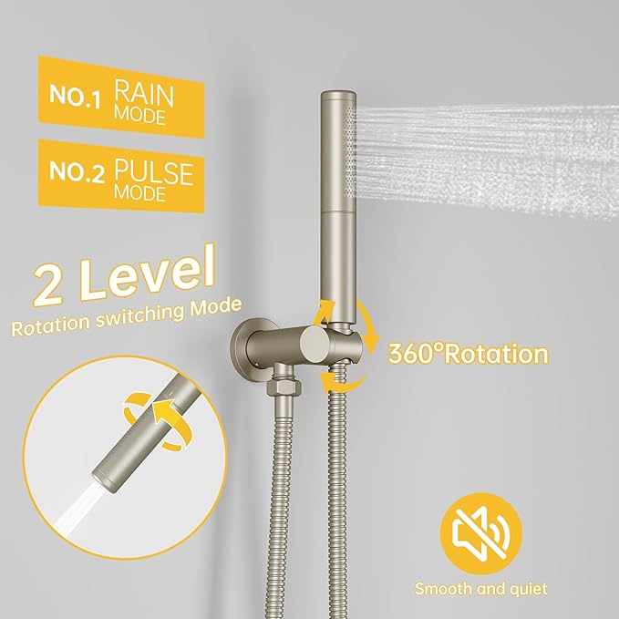 BESy Shower System with 10 Inch Round Rain Shower Head and Handheld Wall Mounted, High Pressure Rainfall Shower Faucet Fixture Combo Set with 2 in 1 Handheld Showerhead for Bathroom, Brushed Nickel
