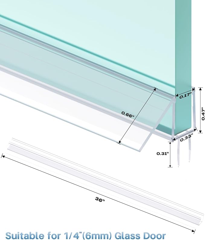 Shower Door Bottom Seal Strip, 2PCS Seal Strip, Clear PVC, 36" Length, Fits 6mm Thick Glass, Prevents Leaks, Easy Installation, No Adhesive Required (Black, 36in for 1/4"(6mm) Door)