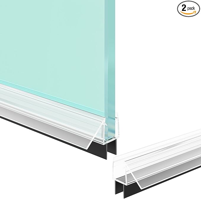 Shower Door Bottom Seal Strip, 2PCS Seal Strip, Clear PVC, 36" Length, Fits 12mm Thick Glass, Prevents Leaks, Easy Installation, No Adhesive Required (Ultra Clear & Black, 36in for 1/2"(12mm) Door)