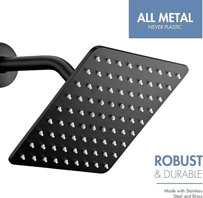 Rainfall Shower Head, MEDIOMI Rain Shower Head Set - Ultra-Thin Design High Flow Stainless Steel Large Square Rain Shower Heads with Shower Arm and Flange (8-Inch, Matte Black)