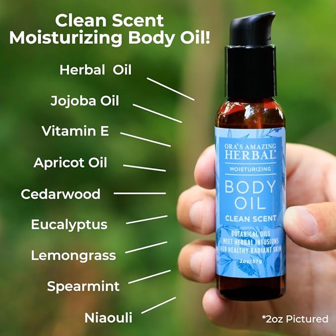 Ora's Amazing Herbal Moisturizing Skin Oil with Eucalyptus & Lemongrass Essential Oils, Body Hydration for Dry Skin, Massage Oil, Body Oils for Men and Women, Natural Skin Care, 2 oz Travel Size