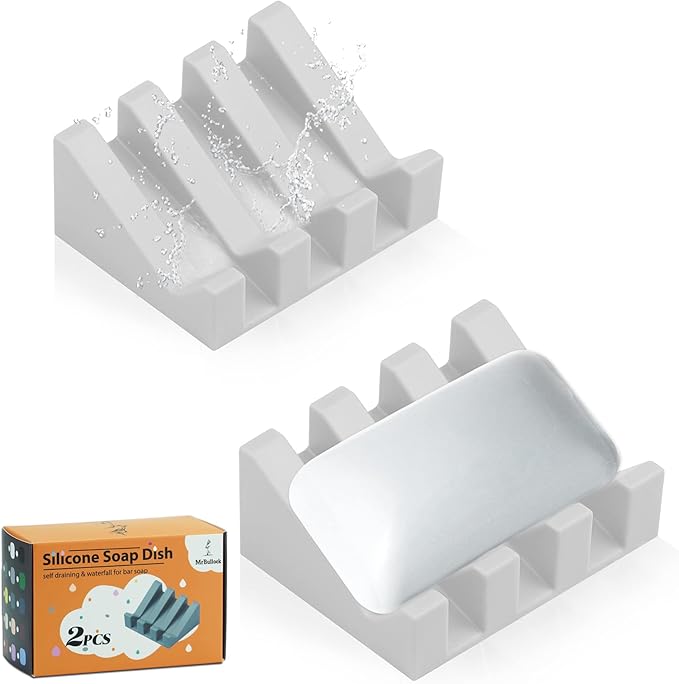 Silicone Soap Dish for Bar Soap Holder for Shower Bathroom Self Draining Waterfall Drying Tray Keep Soap Bars Dry Clean & Easy Cleaning (Light Grey, 2)