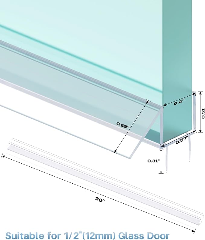 Shower Door Bottom Seal Strip, 2PCS Seal Strip, Clear PVC, 36" Length, Fits 12mm Thick Glass, Prevents Leaks, Easy Installation, No Adhesive Required (Ultra Clear & Black, 36in for 1/2"(12mm) Door)