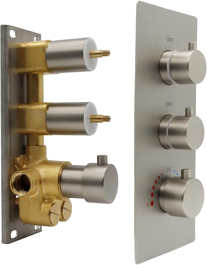 HOMEDEC Brushed Nickel 2 Way Shower Diverter Valve, Brass Dual Functions Thermostatic Shower Mixing Valve Kit 3 Handle Flow Control Valve, 3/4 Inch Inlet, Can Run Simultaneously