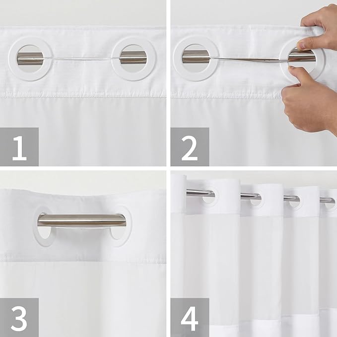 No Hooks Needed Linen Textured Shower Curtain with Snap-in Fabric Liner Set,White Hotel Luxury Decor Shower Curtains for Bathroom with Mesh Top Window,Waterproof & Washable,71Wx77H