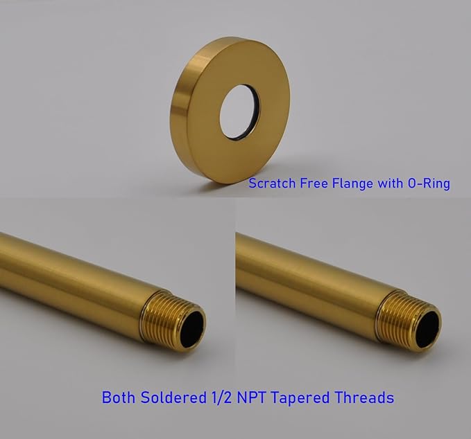 Aquaiaw Shower Arm and O-Ring Flange, 3 inch, Solid Brass, Round, Both Soldered 1/2 NPT Tapered Threads, Straight Shower Arm Extension, Ceiling Shower Head Arm for Rainfall Shower (Matte Brushed Gold)