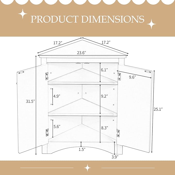 Corner Storage Cabinet with Adjustable Shelves, Triangle Bathroom & Kitchen Organizer, Freestanding Floor Cabinet for Toilet Kitchen Bathroom Cleaning Supplies (White 2)