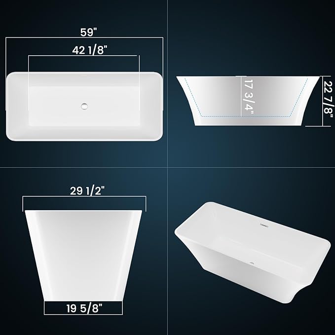 Freestanding Bathtubs 59 inch Acrylic Free Standing Soaking Tub with Integrated Overflow, Luxury Soaking Tub for Home Remodel, Chrome Drain Assembly Included