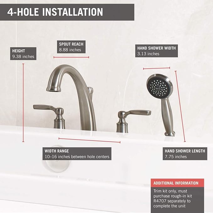 Delta Woodhurst Roman Tub Faucet with Hand Shower, Brushed Nickel Deck Mount Bathtub Faucet, Stainless T4732-SS (Valve sold separately)