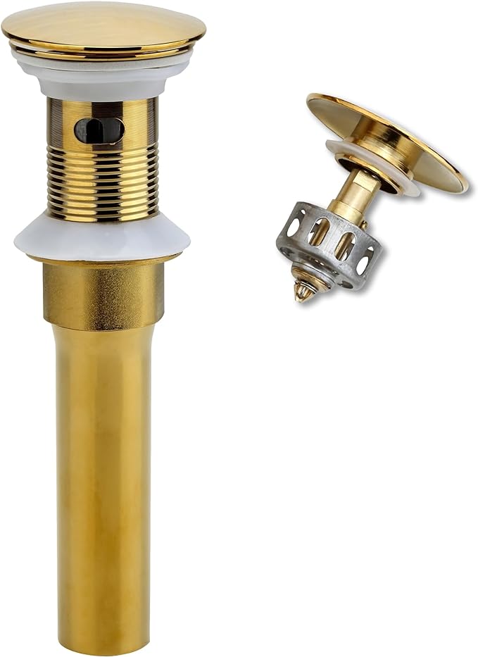 Bathroom Sink Drain, Gold Drain Stopper Bathroom Sink with Overflow,Pop Up Drain Assembly with Detachable Strainer Basket,Built-in Anti-Clogging Strainer,Stainless Steel