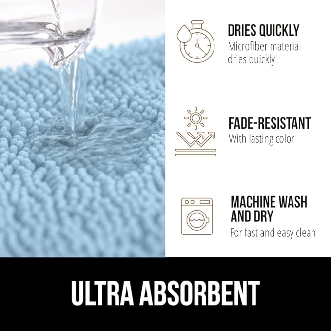 GORILLA GRIP Bathroom Rug Sets, Soft Chenille 2 Piece Area Rugs Set, Toilet Base Mat and 30x20 Carpet, Absorbent Microfiber Washable Mats Dry Quickly, Home Décor and Bath Room Accessories, Sky