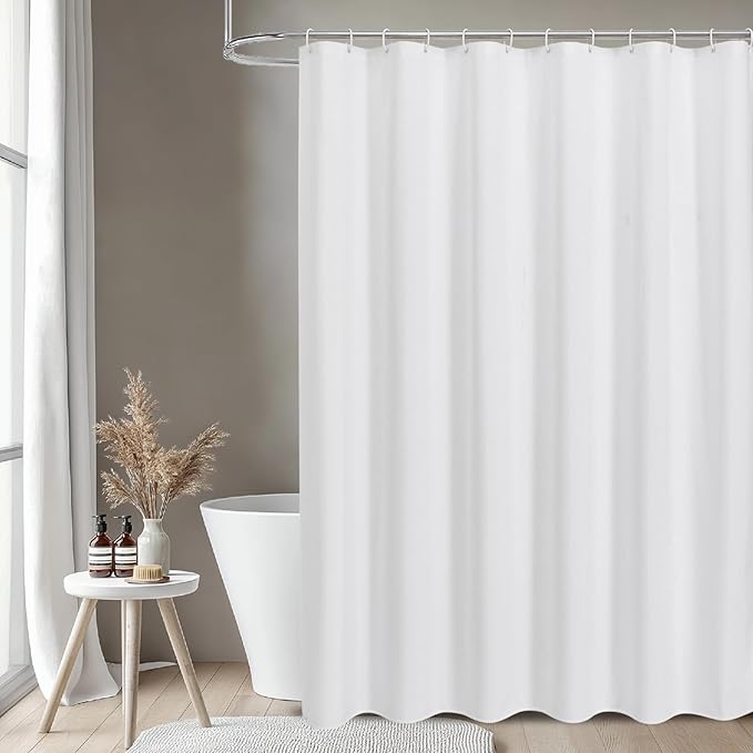 2-in-1 Waterproof Extra Long Fabric Shower Curtain or Liner,Linen Textured,96 Inch Breathable TPU & Washable Bathroom Shower Curtain Set with 12 Plastic Hooks,Modern,72"x96",White