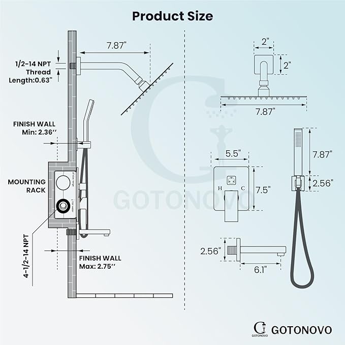 gotonovo Shower System with Tub Spout Wall Mounted Rain Shower Head and Handle Combo Shower Faucet Set with Valve, 8 Inch, Polish Chrome