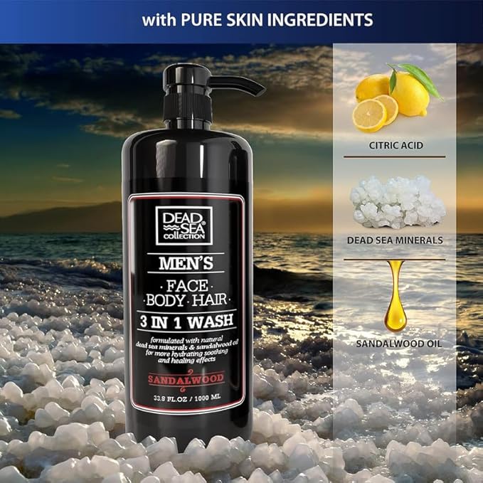 Dead Sea Collection Mens Body Wash 3 in 1 – Sandalwood Body Wash for Men – Shower Gel – Shampoo – Shower Soap for Face and Hair – Pack of 2 Bottles (33.8 Fl. Oz. Each)